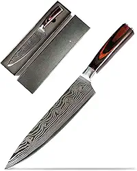 Conjunto de facas de chef damasco. Aço japonês profissional de alto carbono. Lâmina 7Cr17mov. Alça Woden de conforto ergonômico. 20 cm