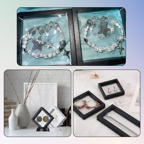 Image of 3D Floating Frame Display Cases, 4pcs Transparent PE Film Jewelry Storage Case for Bracelet Necklace Earrings Rings, Suspension Display Stands for Coin Medal Artefact Chip, 4.33''x4.33''