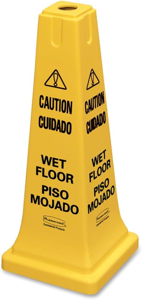 Rubbermaid Four-Sided Caution, Wet Floor Safety Cone, 10-1/2w x 10-1/2d x 25-5/8h, Yellow