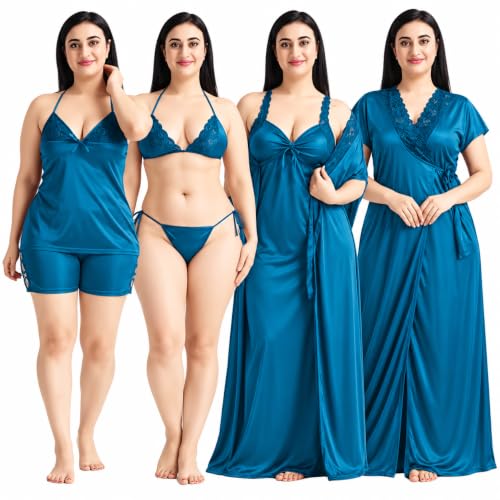 Image of Satin 6 Piece Nightwear Set, Coral Pink Lace Trim Sleepwear with Robe, Nighty, Top, Shorts, Lingerie Set for Women, Summer Collection-Mehndi Green.