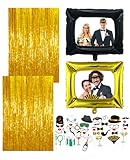 DASHUI 44 Stück Fotobox Accessoires Hochzeit, Foto Booth Requisiten mit Aufblasbarer Fotorahmen und Lametta Vorhang Gold, Lustige Mützen Perücken Party Zubehör für Weihnachten Hochzeit Geburtstag