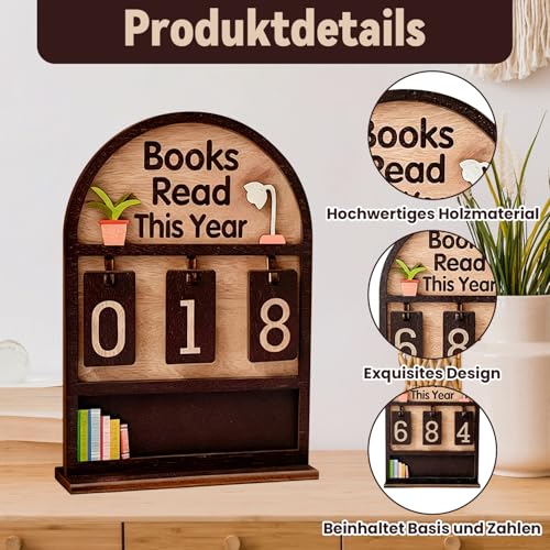 3D Bücherregal Deko, Books Read This Year Counter aus Holz mit Flip-Zahlen (0-999), Retro Lese-Chronometer für Buchliebhaber & Leseratten, Dekorativer Buchzähler für Schreibtisch & Regal