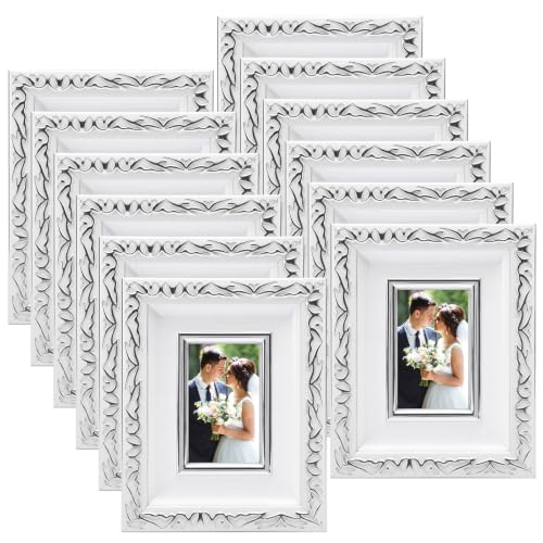 Image of 12 Pack 2 x 3 Inch White Silver Small Picture Frames Bulk | Resin Vintage Mini Antique Ornate Retro Baroque Photo Frames, for Wall Hanging Tabletop Home Decor, Wedding Christmas Display