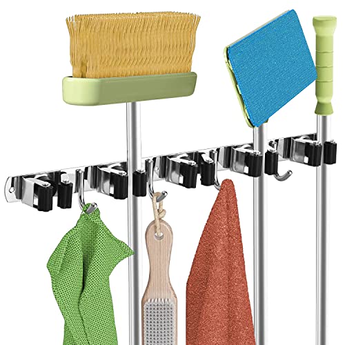 Kozci Mop And Broom Holder Wall Mount, Non-Slip Broom Organizer Wall Mount Self Adhesive Broom Hanger With 5 Racks 4 Hooks Stainless Steel Tools Rack Broom Storage Organizer For Kitchen Garden Garage #TOP4