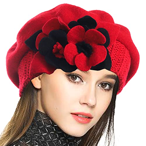 VECRY Damen 100% Wolle Französische Baskenmütze Blumen Strickmütze Schädelkappe Kleid Wintermütze (Rot,M)