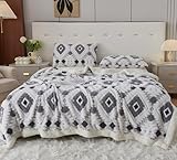 LEVINIS Bohemian Sherpa Throw Blanket 60'' × 80'', Sherpa Fleece Blanket for All Season, Southwestern Aztec Blankets for Bed/Couch/Sofa/Office/Camping, Grey
