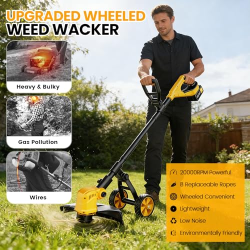 14-Inch Electric String Trimmer, 2x3.0Ah 21V Battery Powered Weed Eater, Electric Lawn Mower Weed Wacker with Wheels, Brush Cutter Grass Trimmer for Garden Yard by FzzboFlow - Used condition - Image 9
