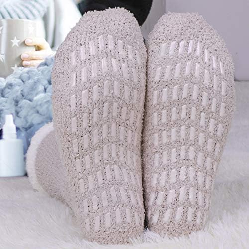 Fluffy Slipper Socks for Women and Girls, 5 Pairs Warm Cosy Bed Fuzzy Socks with Grips, Winter Thermal Non Slip Grip Socks for Causal Home Sleeping