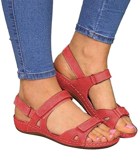 ZAWARA Women's Orthopedic Open Toe Leather Sandals, Premium Comfy Hook and Loop Closure Sport Sandal, Casual Flat Arch Support Wedge Shoes for Summer Outdoor Hiking Walking Beach (Red, 8) ZAWARA Women's Orthopedic Open Toe Leather Sandals, Premium Comfy Hook and Loop Closure Sport Sandal, Casual Flat Arch Support Wedge Shoes for Summer Outdoor Hiking Walking Beach (Red, 8)