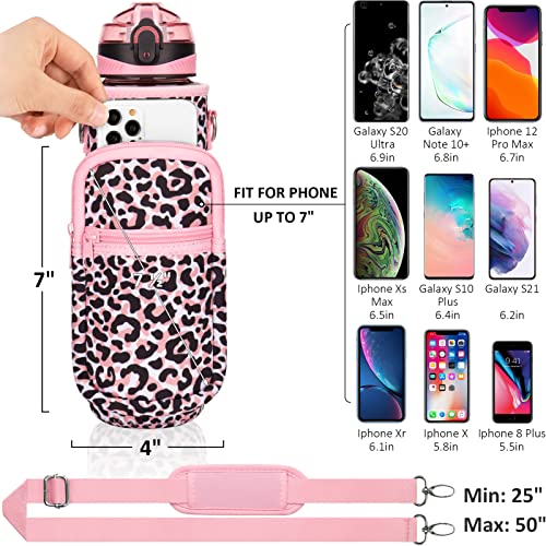 Fimibuke 32 Oz Water Bottle With Sleeve - Bpa Free Leakproof Sport Large 1L Plastic Motivational Water Bottle With Straw Strap Insulated Neoprene Holder Carrier Bag For Kid Women Men(B2.Pink Leopard) #TOP4