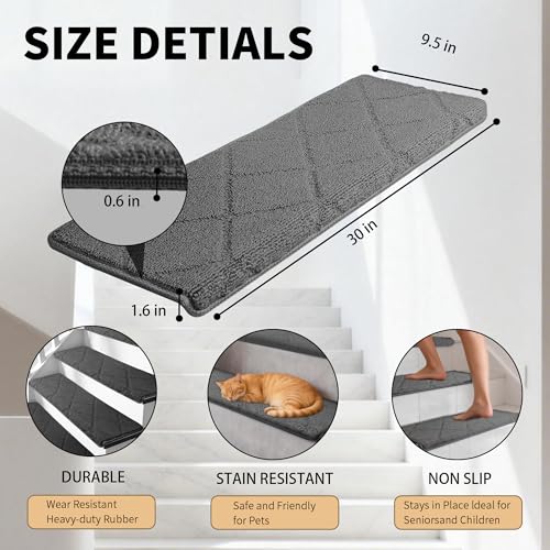 15 Pieces Ultra Plush Bullnose Carpet Stair Treads 9.5"x30" – Non Slip, Self Adhesive, Pet Friendly, Washable, Reusable, Skid Resistant Indoor Stair Mats with Iron-Reinforced Edge (Diamond & Gray) by Oranbulb - Image 2