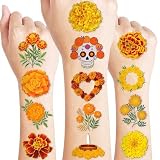 100 PCS Marigold Flower Temporary Tattoos Themed Birthday Party Decorations Favors Supplies Décor Mexico Dia de Los Muertos Day of The Dead Tattoo Stickers Gifts For Game Boys Girls Classroom School