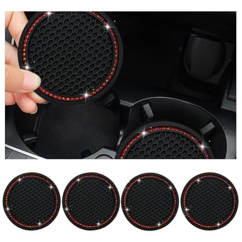 Dickno 4 PCS Bling Car Cup Coaster, 2.75 Inch Crystal Rhinestone Auto Cup Holder Insert Coaster, Anti-Slip Durable Car Drink Cup Mat, Universal Vehicle Interior Decor Accessories (Black & Red) Cover