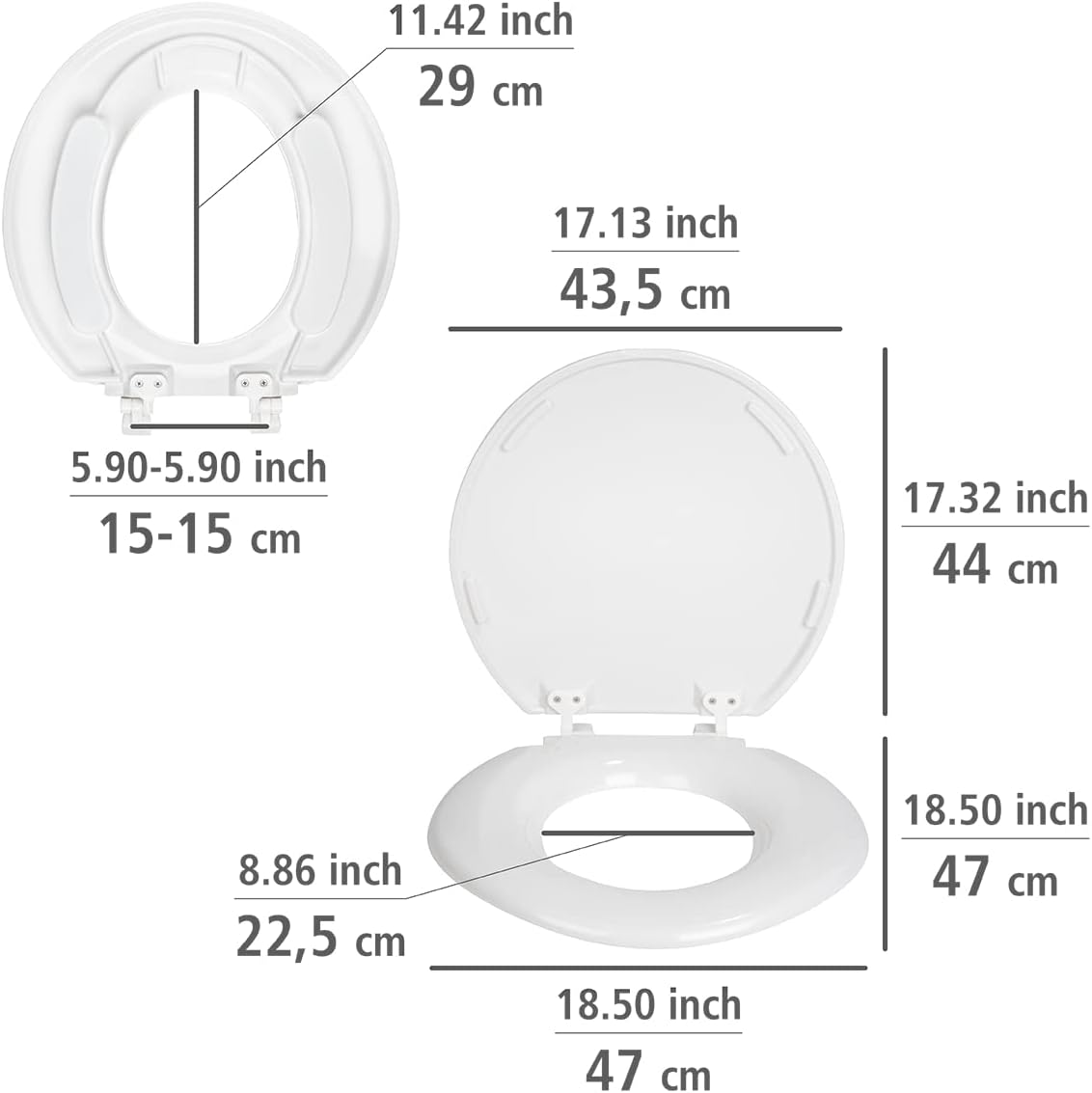 WENKO Torino toilet seat XXL, toilet seat made of unbreakable Duroplast with extra-wide and ergonomically shaped lid surface, can support up to 300 kg, for all standard toilets, 44 x 43.5 cm, white