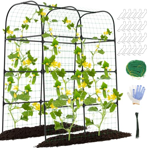 7ft Cucumber Trellis for Raised Bed, Garden Arch Trellis for Climbing Plants Outdoor Indoor, Metal Trellis Support with Net for Vegetables Tomato Zucchini Squash Beans Peas Melons, Rose Flowers,Vines