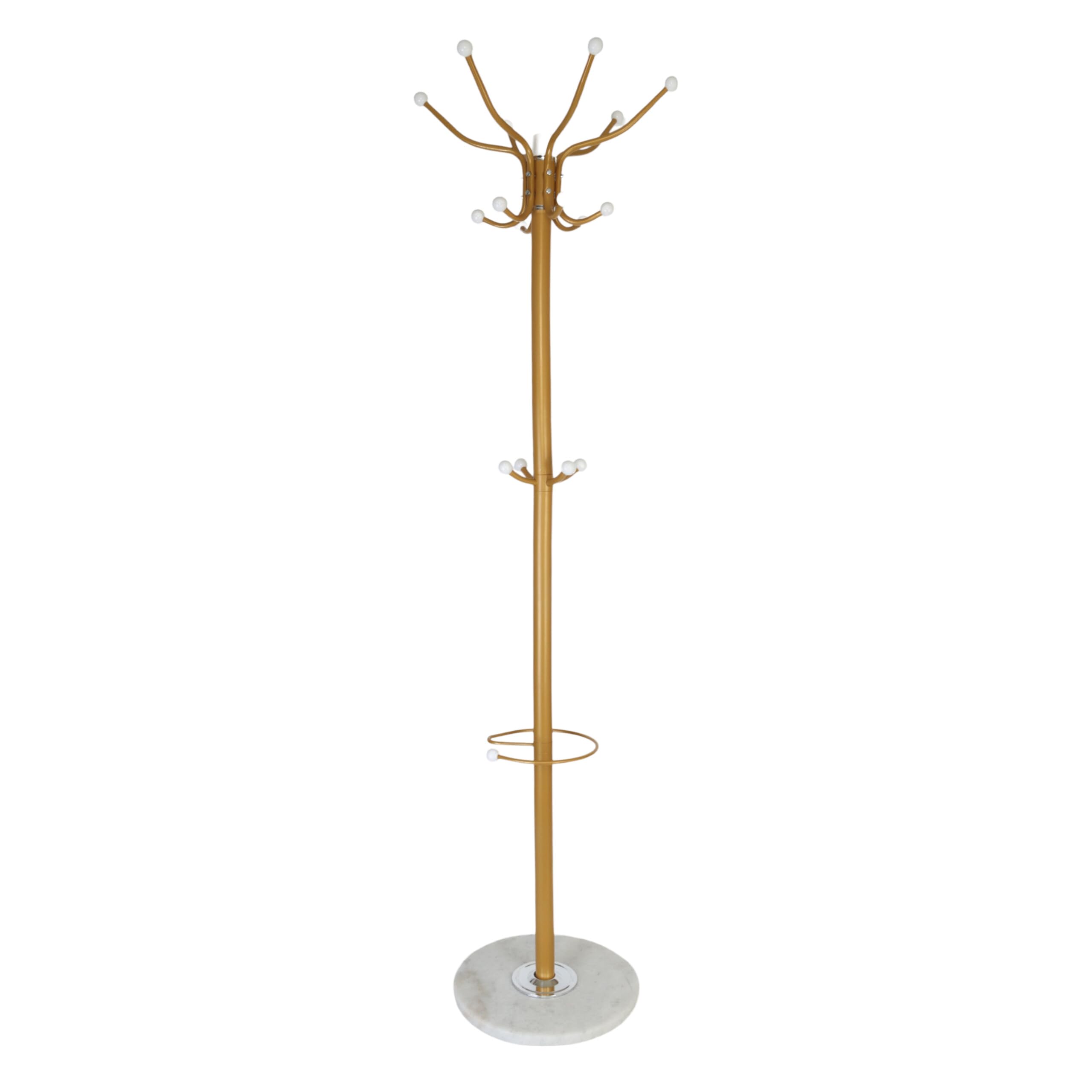 Relaxdays Garderobenständer mit Schirmständer, 16 Haken, H x D: 176,5 x 36,5 cm, Marmorfuß, Standgarderobe, Gold/weiß