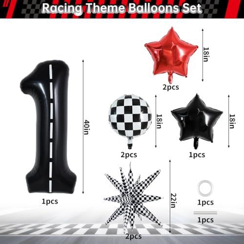 Image of TONIFUL Race Car Party Balloons Set - 40 Inch Racetrack Number 1 Foil Balloon with Checkered & Star Balloons for Boys 1st Birthday Car Themed Decorations, Baby Shower Photo Backdrop Supplies