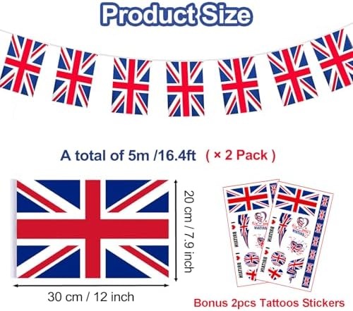 2 Pack Union Jack Bunting Flags, British England Flag String Indoor Outdoor Banner Double Sided Bunting for King's Birthday Parade Anniversary Football Party Decorations (Bonus 2pcs Tattoo Stickers)