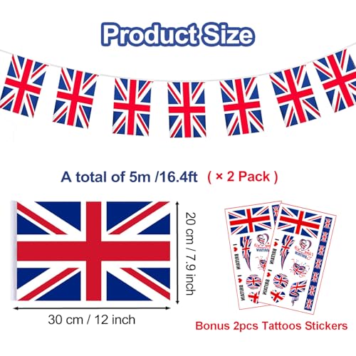 2 Pack Union Jack Bunting Flags, British England Flag String Indoor Outdoor Banner Double Sided Bunting for King's Birthday Parade Anniversary Football Party Decorations (Bonus 2pcs Tattoo Stickers)