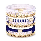 NLCAC 9 Pack Game Day Bracelets Stackable Heishi Beaded Stretchy Bracelet Preppy Jewelry Baseball Football Team Bracelets Sports Fan Accessories Gifts (Blue White)