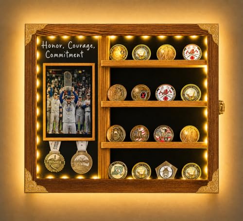 Image of Medal Display Case for Athletes, Lighted Shadow Box with Photo Frame, Wall Mount Display Holder with Removable Shelves for Medals, Challenge Coins, Memorial Gift for Achievement, Collectors, Wood