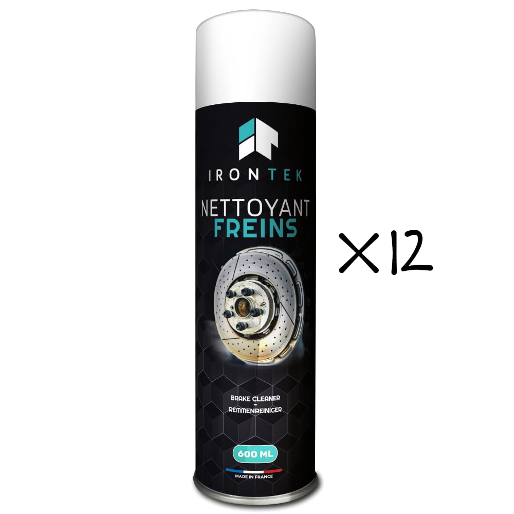 Nettoyant Dégraissant Freins 600 ML Lot de 12 - IRONTEK | IT294 | Aérosol Professionnel | Jet Puissant Séchage Rapide | Élimine Graisse Suie Poussières | Auto Moto | fabriqué en France (12)