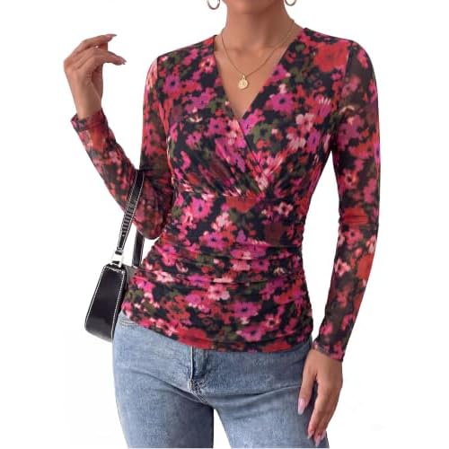 Arolina Womens Wrap Boho Tops Long Sleeve Mesh V Neck Dressy Casual Blouses
