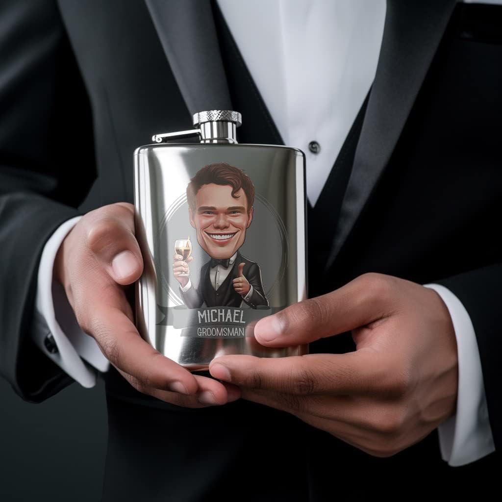 Custom Funny Groomsmen Gifts for Wedding with Picture and Name Personalized Cartoon Comics Portrait Hip Flasks for Liquor for Men and Women Unique Fances Groom Present (Cartoon - 1 Pcs) image 2