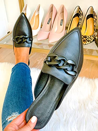 Image of Juliet Holy Womens Mules Flats Pointed Toe Backless Loafers Slip on Metal Chain Slides