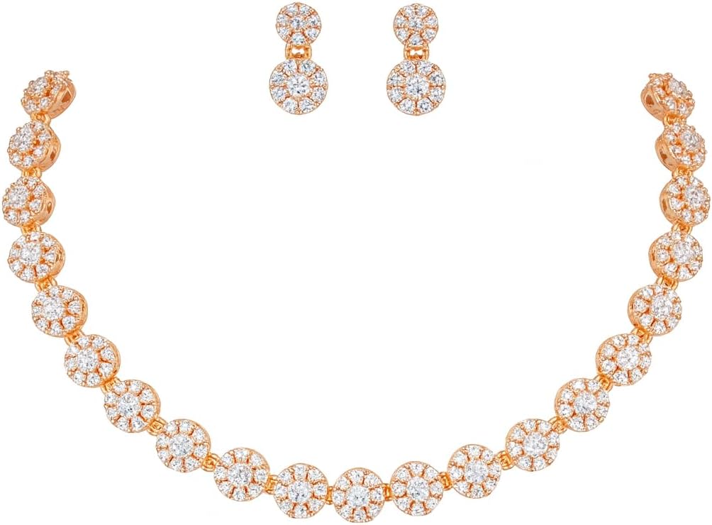 Nilu’s Collection American Diamond Stone Studded | Rose Gold/Silver Plated | Anti Tarnish Jewellery Set for Women | Matching Earrings Perfect for Weddings and Special Occasions
