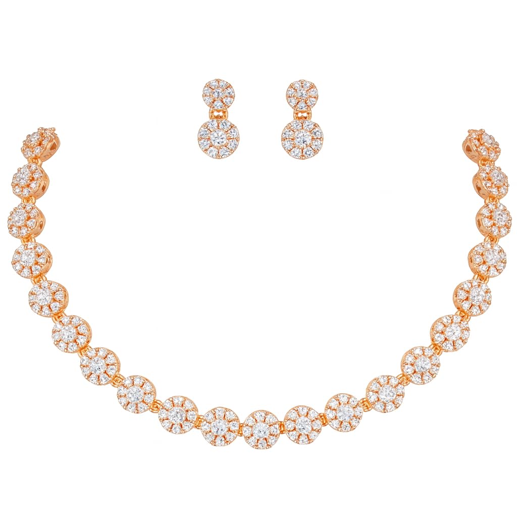 Rose Gold Plated American Diamond Necklace And Pair Of Earrings Jewellery Set for Women | Special Ocassion, Wedding, Engagement, Dating | Anti Tarnish | Anti Allergy | Necklace and Earring Set | Gift for Her
