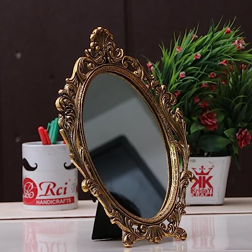 Image of KridayKraft Table Mirror Gold Plated for Gift Love one Festival Gift Perfect for Birthday, Anniversary Wedding (Floor Mount, Oval, Framed)