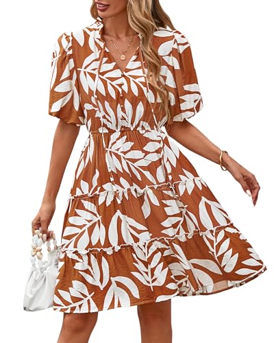 Image of BTFBM Women Summer Floral Short Dresses V Neck Short Sleeve Tiered Ruffle Boho Swing Dress A-Line Mini Dresses