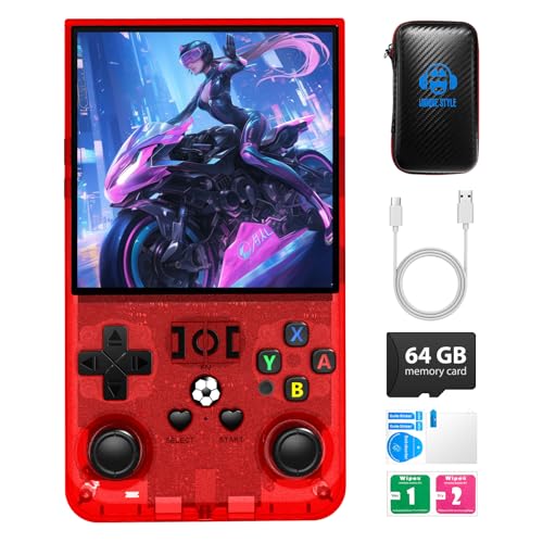 Image of R36MAX Retro Gaming Console,4.0 Inch Handheld Game Console with 64GB Classic Video Games,30+ Simulators,4000mAh Rechargeable Battery,Hand Held Game Console-Transparent Red