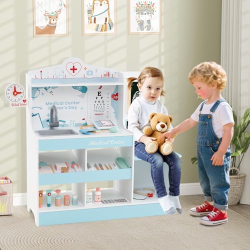 HONEY JOY Kids Wooden Doctor Play Set, 2 In 1 Checkup Medical Office Center & Vet Clinic Station, Exam Area & Interactive Accessories, X-Ray, Toddler Pretend Hospital Playset Kit for Boys Girls (Blue)