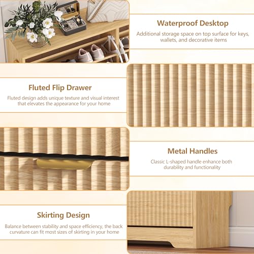 Image of HUANLEGO Shoe Cabinet Storage for Entryway with 4 Flip Drawers, Oak Fluted Shoe Cabinet with Adjustable Shelves, Wooden Hidden Shoes Rack Freestanding Narrow Slim Shoes Storage for Hallway, Entrance