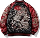 Luxevesture Japanese Dragon Sukajan Jacket Men Embroidery Tiger Hip Hop Bomber Oversized Windbreaker Japanese Souvenir Jackets (US, Alpha, Large, Regular, Regular, Red)
