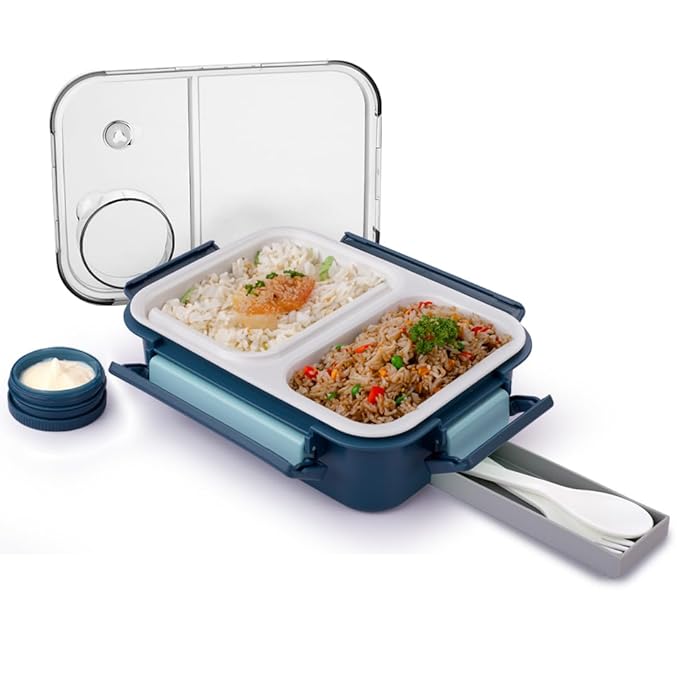 ATTRO Smart 2 Compartment Lunch Box with Small Container Spoon & Fork Included Snap Lock Design Leak-Proof BPA Free Food Grade- 750ml Dark Blue, Plastic