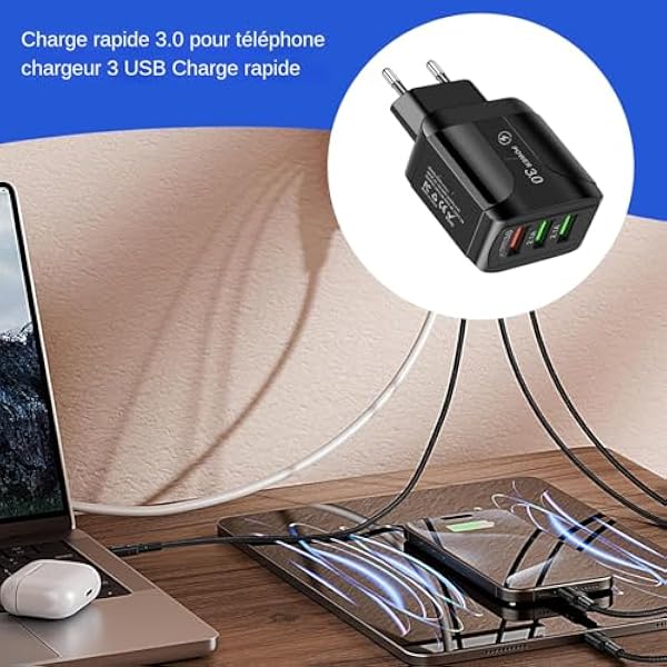 Быстрое зарядное устройство для телефона | 3-портовый зарядный блок USB, универсальный зарядный кубик для телефонных аксессуаров для дома, офиса и путешествий