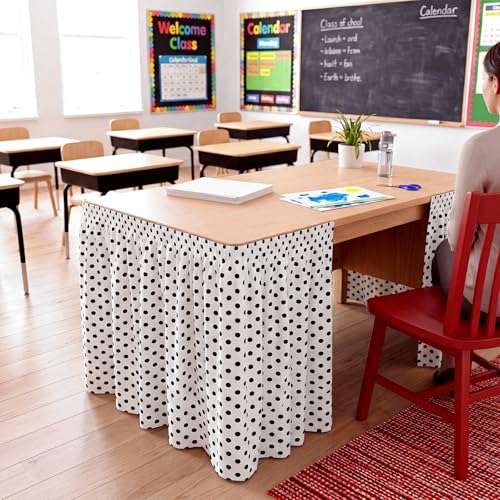 Image of Oudain 14 ft Black and White Polka Dots Table Skirt Cloths for Teacher Desk Boho Wrinkle Polka Dots White Table Cover Skirt for Kindergarten Classroom Kidney Shaped Desk Back to School Supplies