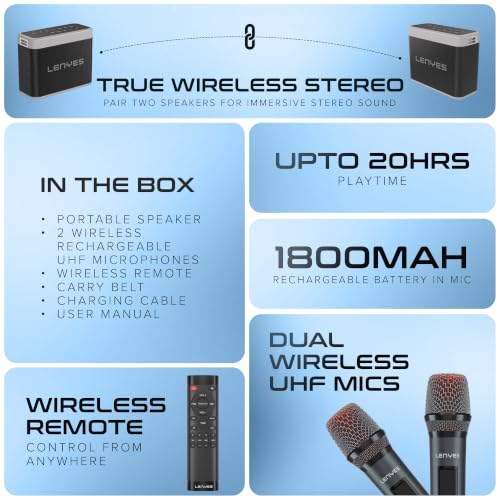 Image of Lenyes S832 160W Bluetooth Party Speaker, 2 Wireless Mics, 20000mAh Battery, 10Hr Playtime, Guitar and Mic Input, USB TF AUX, TWS Stereo, EQ and Echo Control, Karaoke Speaker (Black)