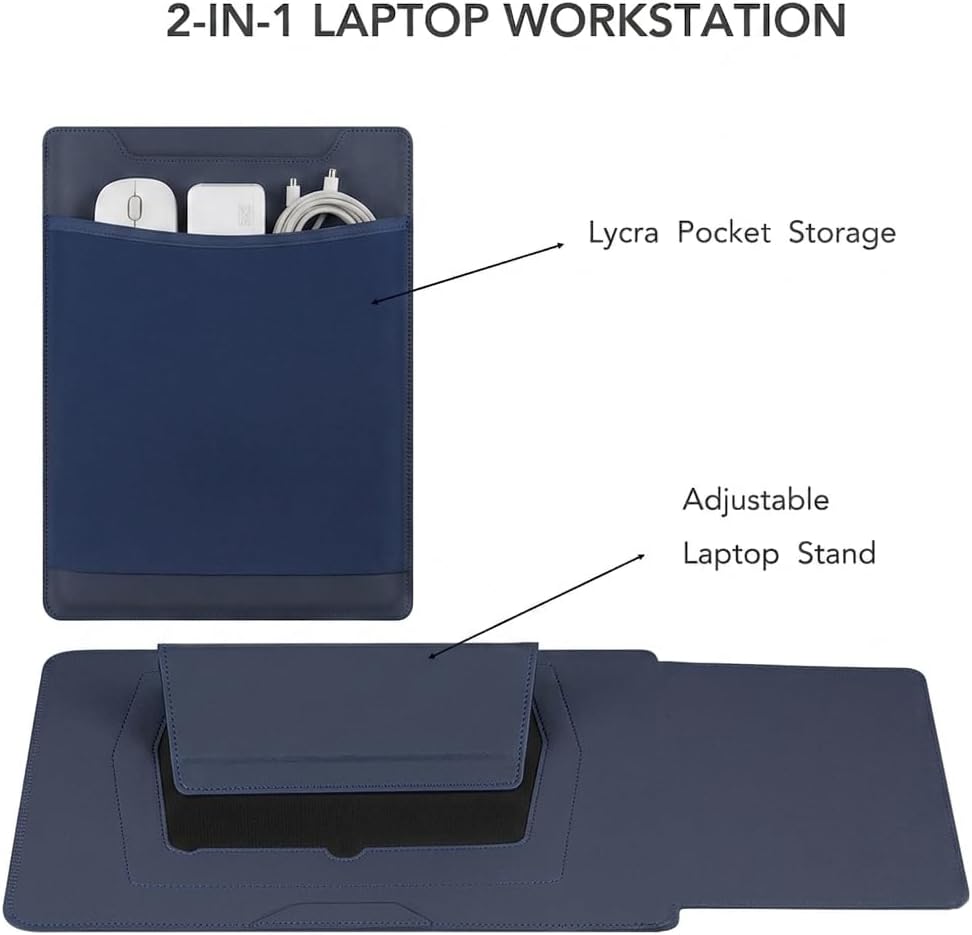 Laptop Sleeve with Stand & Mouse Pad, 15–16 Inch Laptop Case with Lycra Pocket Organizer, Portable Workstation Sleeve for MacBook Air/Pro, Travel & Office Use (Blue)