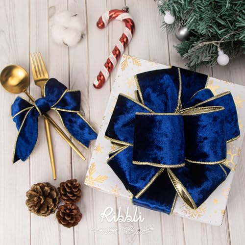 Image of Ribbli Royal Blue Velvet Wired Ribbon 2.5 Inch Metallic Blue Gold Crushed Velvet Christmas Ribbon for Gift Wrapping Christmas Tree Decoration Crafts Wreaths Supplies-Continuous 10 Yards