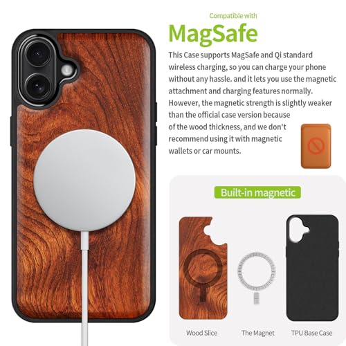 Image of Carveit Wood Case for iPhone 16 Plus, Natural Grain, Rosy | Magnetic iPhone 16 Plus Case Compatible with MagSafe Wireless Chargers, Engraved Wood with Soft TPU Shockproof Bumper
