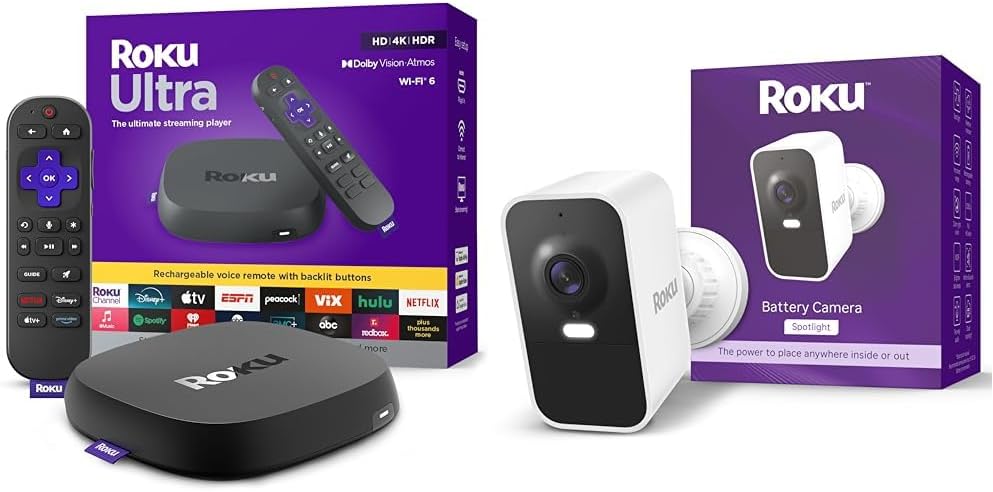 Bundle of Roku Ultra - Ultimate Streaming Player - 4K Streaming Device for TV with HDR10 + Roku Battery Camera for Home Security - New Weather-Resistant Indoor & Outdoor Wireless Camera
