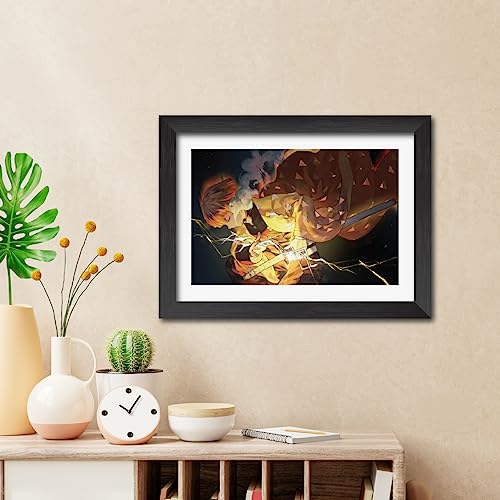 Image of TenorArts Zenitsu Posters Demon Slayer Anime Poster Laminated Photo Frame Painting with Matt Finish Black Textures (12inches x 9inches)