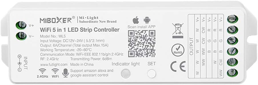 LGIDTECH Miboxer WL5(YL5 VUP) LED Strip Light 5 in 1 Controller for 5050 3528 2835,Smartphone APP Control Without Extra Hub.Amazon Alexa Google Home Assistant Voice Control,DC12-24V,180W-360W