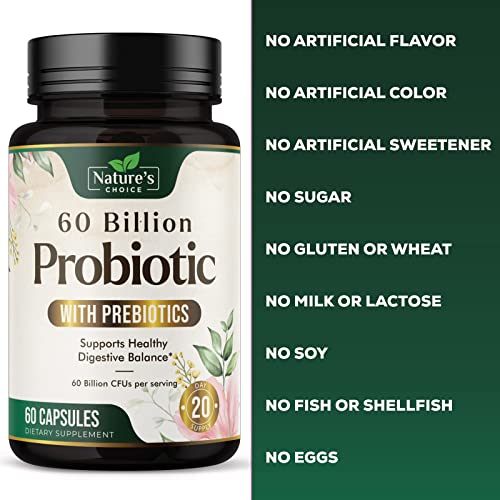 Probiotics 60 Billion Cfu With Prebiotics - Supports Digestive Health, Daily Men & Women's Probiotic Supplement, Natural Immune Support, Shelf Stable, Gluten Free, No Soy Or Dairy - 60 Capsules #TOP5