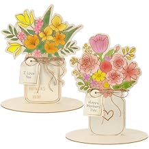 Beeveer 2 Set Mothers Day Wooden Craft for Kids Color Your Own Wood Flower Bouquet Card Mason Jar with Stand DIY Coloring Flower Blank Greeting Card for Mom Grandma Wife Sister Teachers Gifts