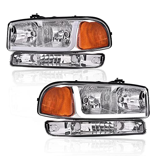 G-PLUS LED Headlights Assembly Fit GMC Sierra 1500HD 2500HD 3500 1999-2007/Fit GMC Yukon XL 1500 2500 1999-2006,Headlamps Clear Lens Chrome Housing Amber Reflector,faros delanteros